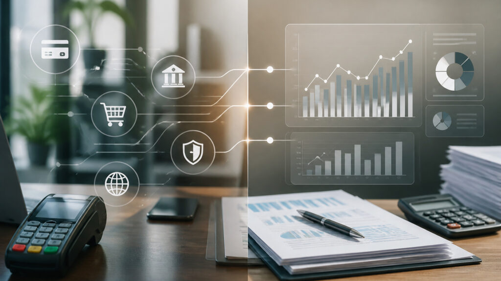 Editorial business scene illustrating payment gateways and accounting software