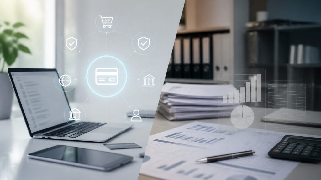Editorial business scene illustrating payment platforms and accounting software