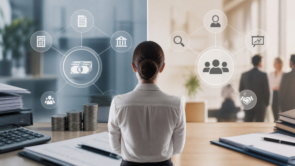 Editorial business scene illustrating payroll software and hr management systems