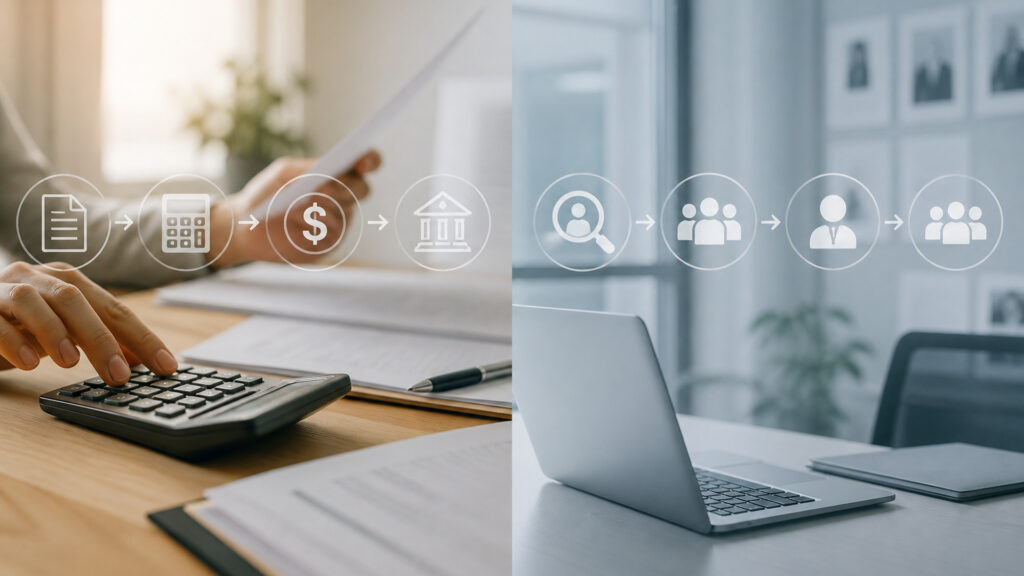 Editorial business scene illustrating payroll software and recruitment software