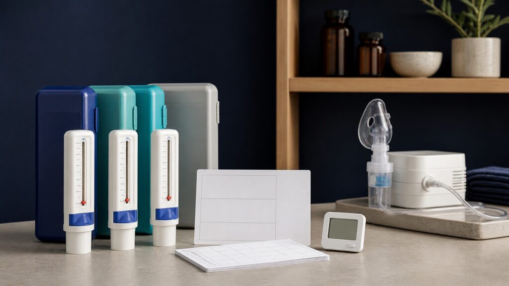 People-free editorial still life illustrating airflow measurement and action-plan zones contrasted with medication delivery