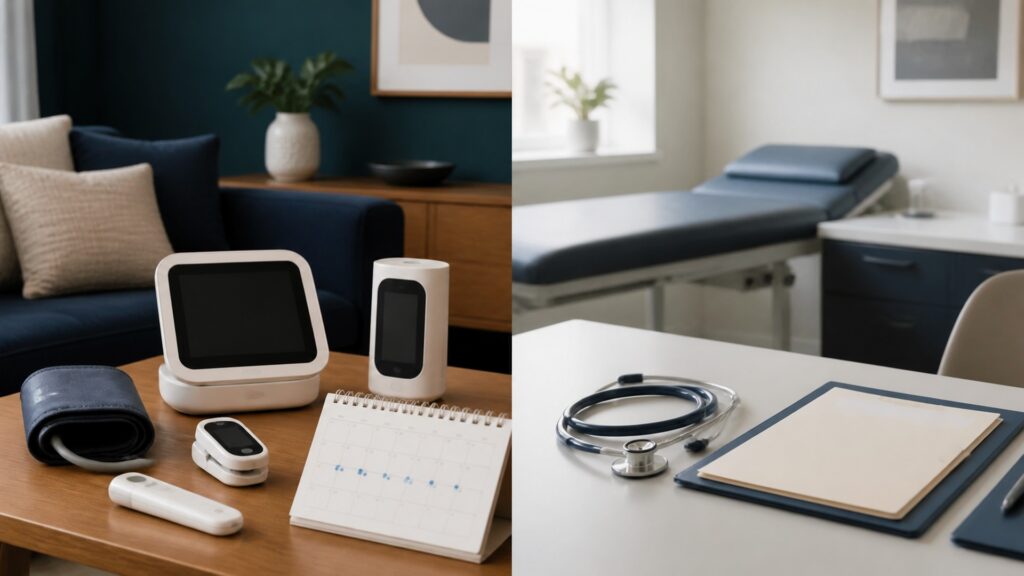 People-free editorial still life illustrating personal health devices instead of periodic checkups