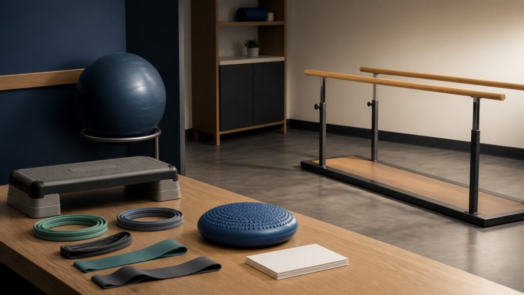 People-free editorial still life illustrating graded rehabilitation tasks rather than cooling