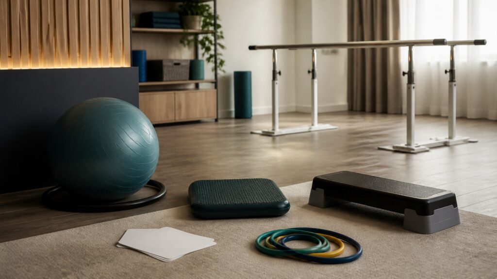 People-free editorial still life illustrating active rehabilitation setup rather than passive pressure