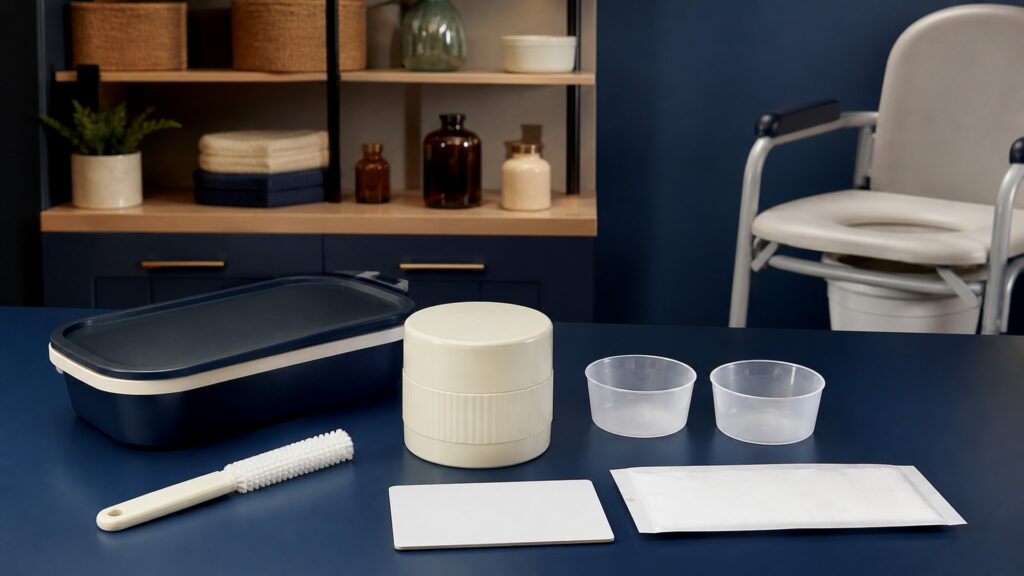 People-free editorial still life illustrating medication preparation contrasted with toileting access and transfers
