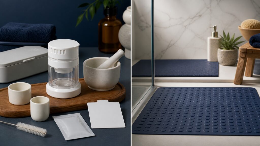 People-free editorial still life illustrating dosage-form processing contrasted with wet-floor traction
