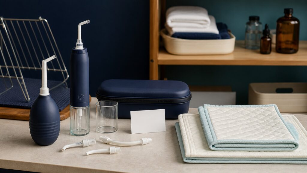 People-free editorial still life illustrating directed perineal rinsing contrasted with absorbent mattress protection