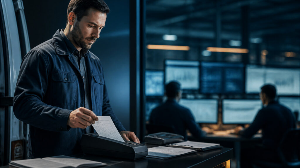 Editorial business scene illustrating portable document scanners and enterprise accounting software