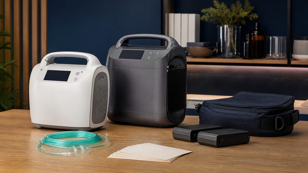 People-free editorial still life illustrating supplemental oxygen supply contrasted with drug aerosol delivery