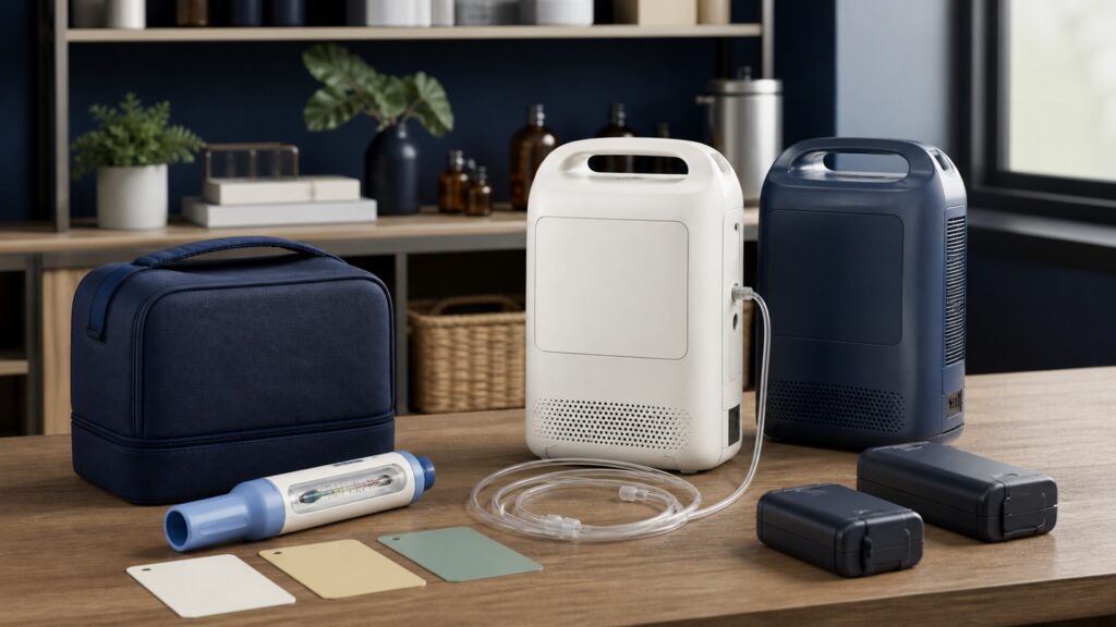 People-free editorial still life illustrating ambulatory supplemental oxygen contrasted with forceful-breath zone tracking