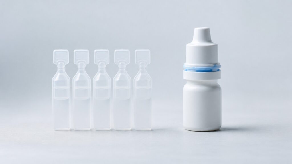 People-free editorial still life illustrating preservative-free eye drops instead of preserved eye drops