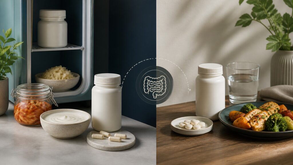 People-free editorial still life illustrating probiotics instead of digestive enzymes