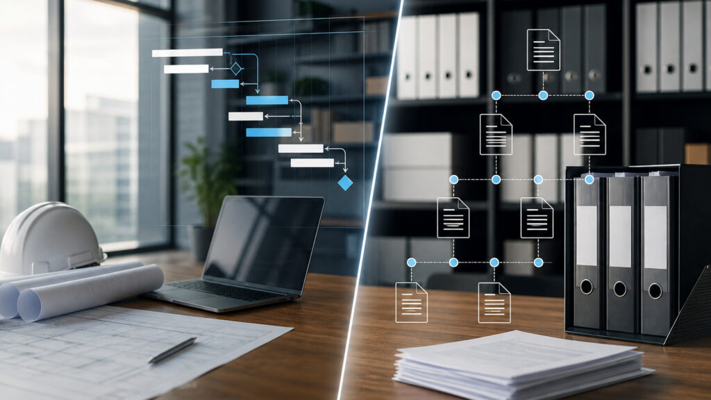 Editorial business scene illustrating project management software and document management software