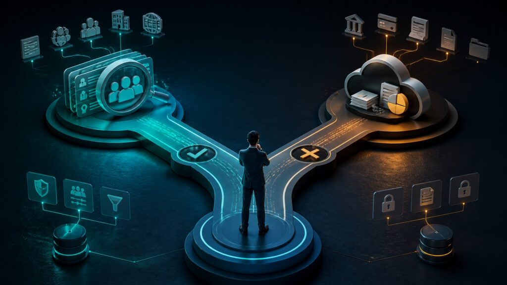 Editorial business scene illustrating prospecting databases and cloud accounting software