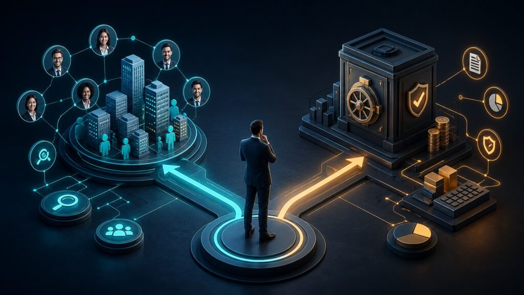 Editorial business scene illustrating prospecting databases and enterprise accounting software