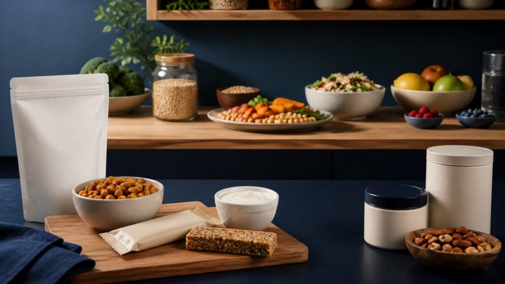 People-free editorial still life illustrating targeted snack portion versus full meal pattern