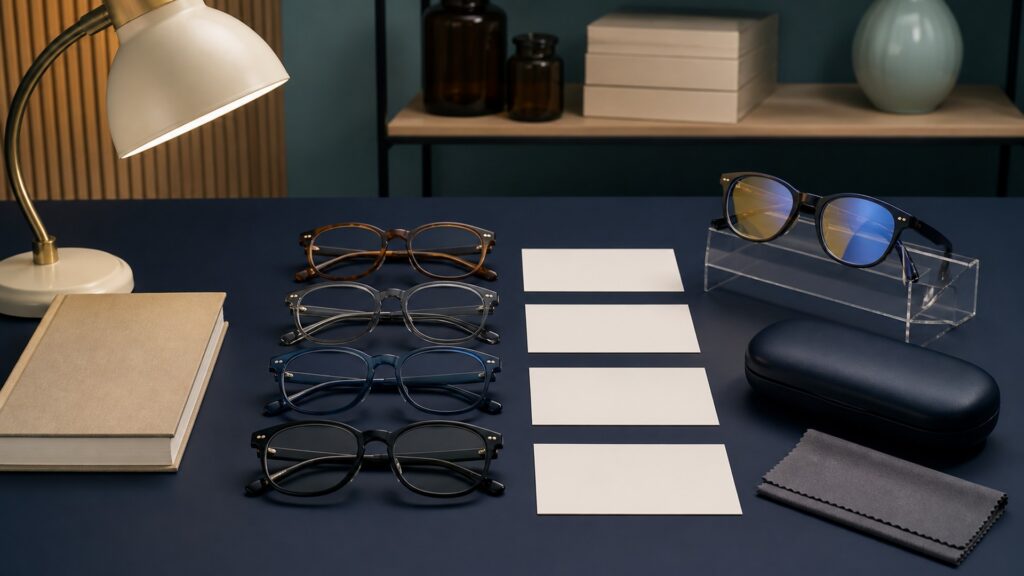 People-free editorial still life illustrating presbyopia power selection contrasted with spectral tint