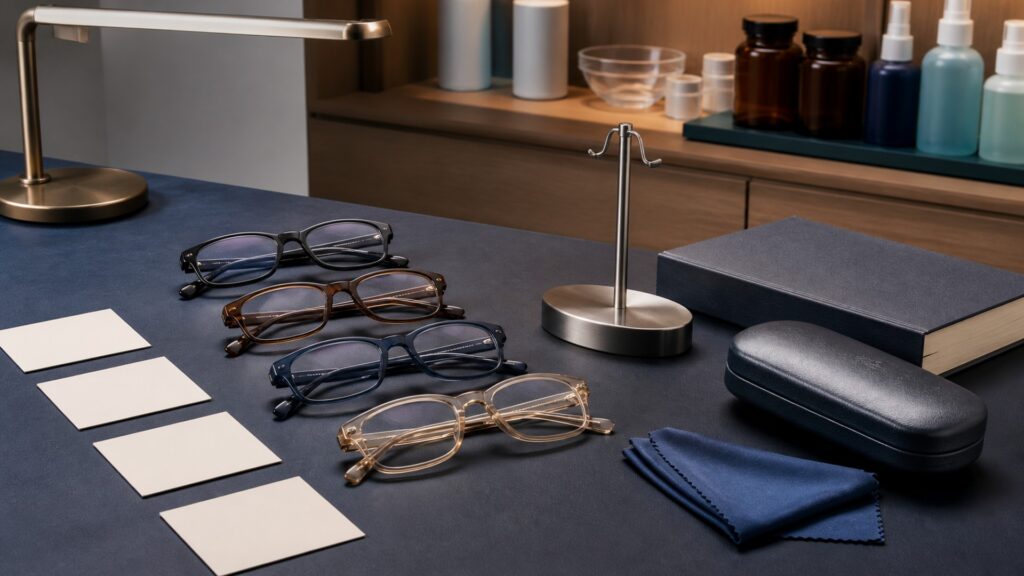 People-free editorial still life illustrating close-work refraction contrasted with sterile lens maintenance