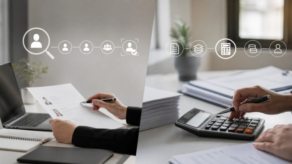 Editorial business scene illustrating recruitment software and payroll software