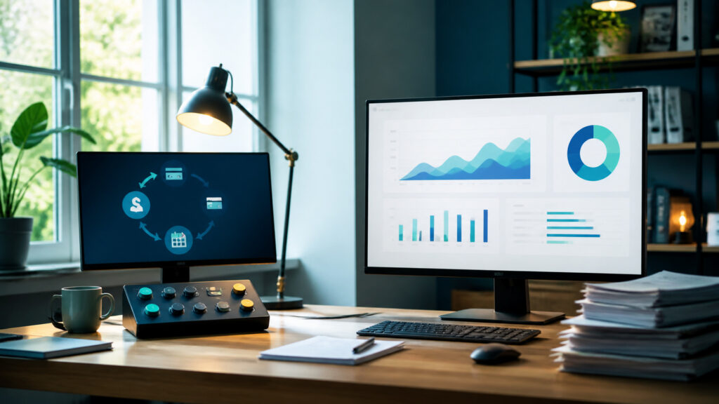 Editorial business scene illustrating recurring billing software and cloud accounting software