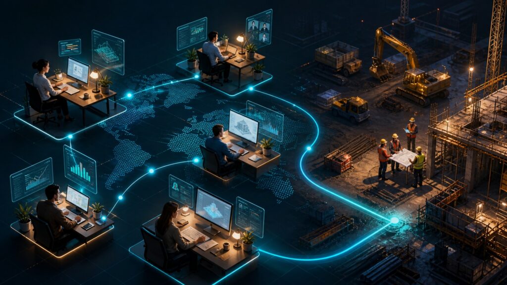 Editorial business scene illustrating remote team project management software and construction project management software