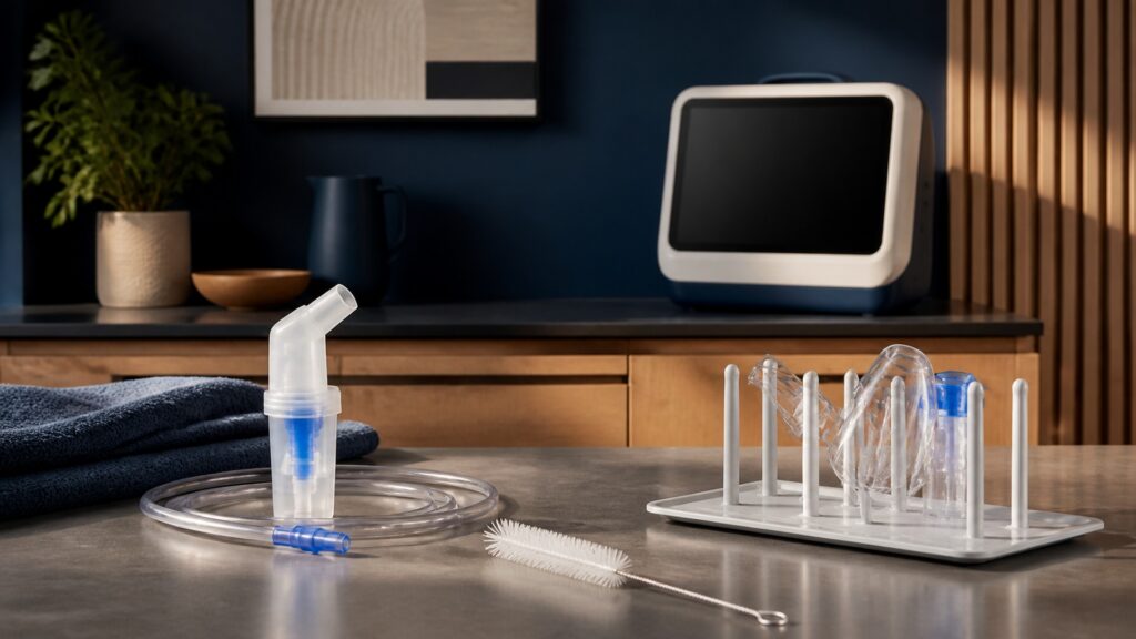 People-free editorial still life illustrating individual breathing therapy versus room air control
