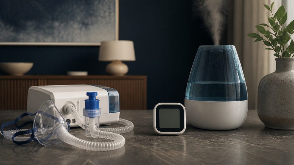 People-free editorial still life illustrating prescribed respiratory output versus moisture control