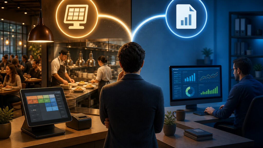 Editorial business scene illustrating restaurant pos systems and accounting software