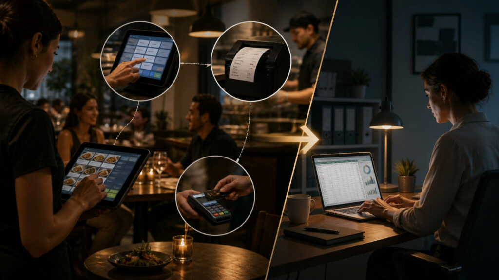 Editorial business scene illustrating restaurant pos systems and bookkeeping software