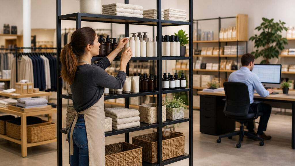 Editorial business scene illustrating retail display racks and cloud accounting software