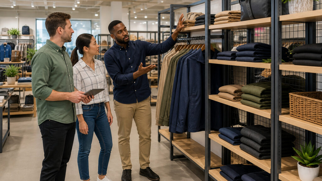 Editorial business scene illustrating retail display racks and enterprise accounting software