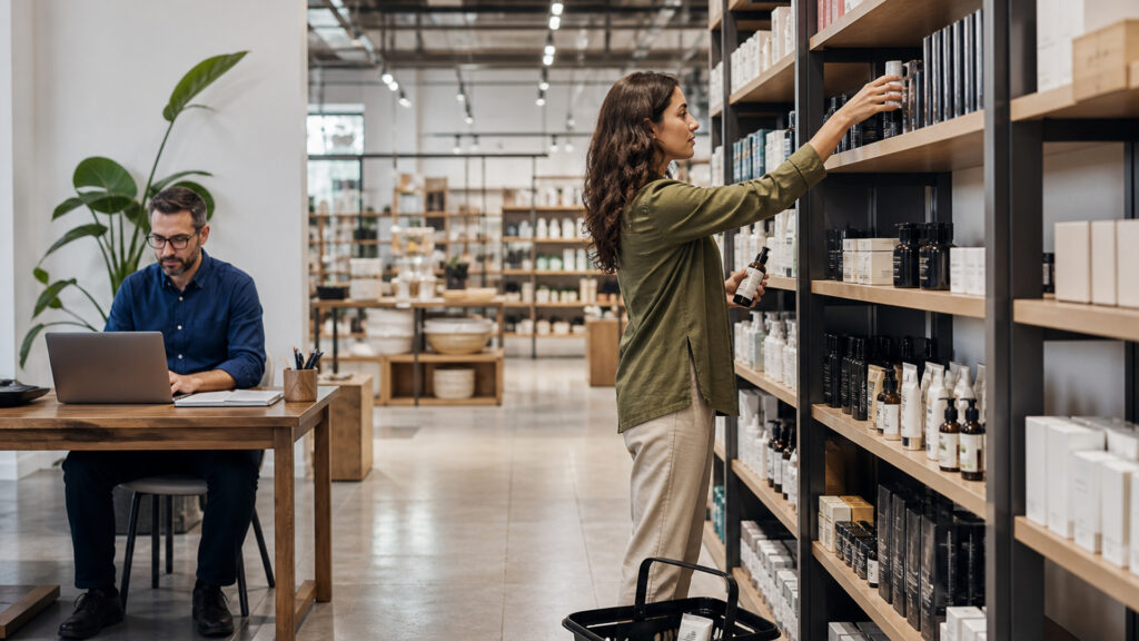Editorial business scene illustrating retail display shelving and cloud accounting software