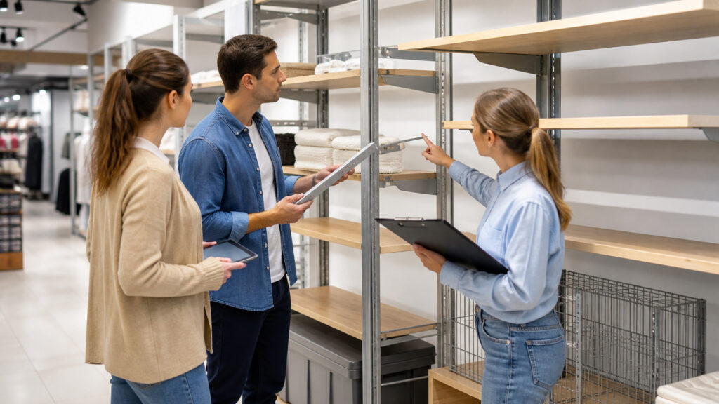Editorial business scene illustrating retail display shelving and enterprise accounting software