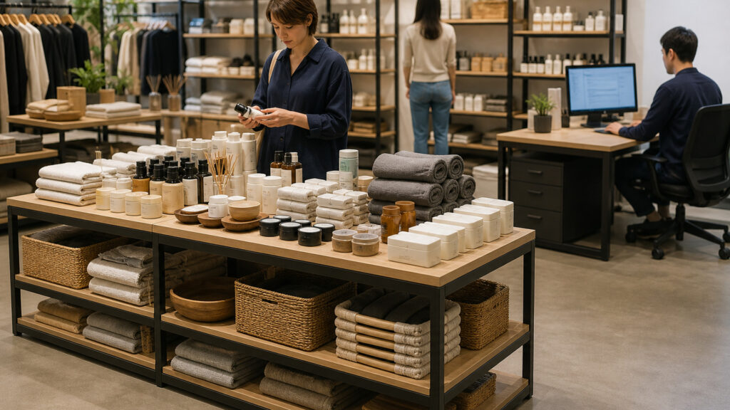 Editorial business scene illustrating retail display tables and cloud accounting software