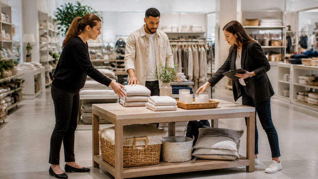 Editorial business scene illustrating retail display tables and enterprise accounting software