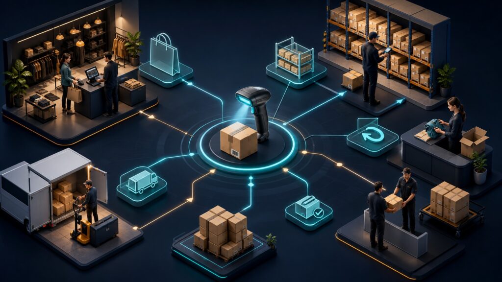 Editorial business scene illustrating retail inventory management software and barcode inventory systems