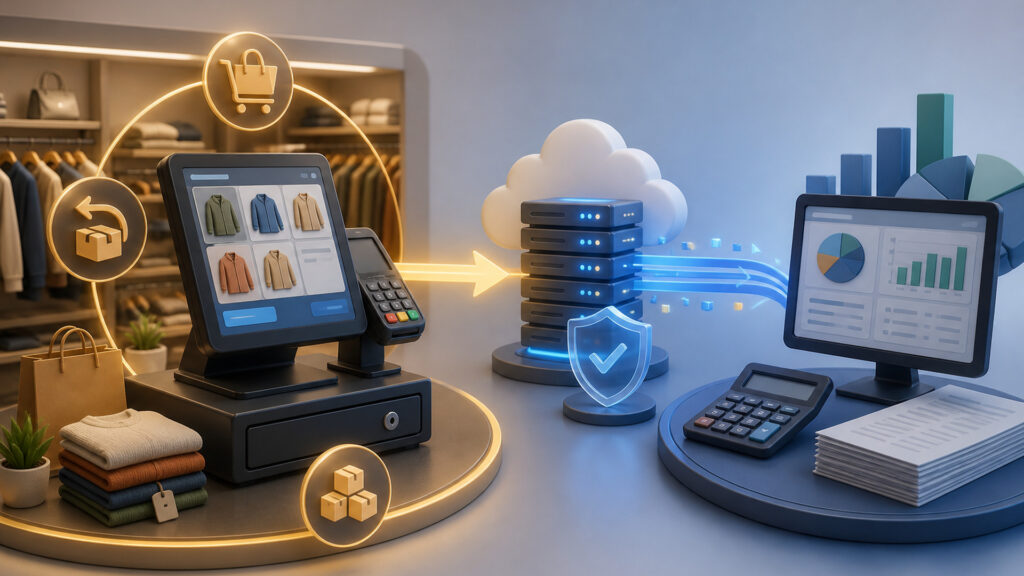 Editorial business scene illustrating retail pos systems and accounting software