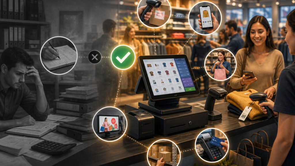 Editorial business scene illustrating retail pos systems and bookkeeping software