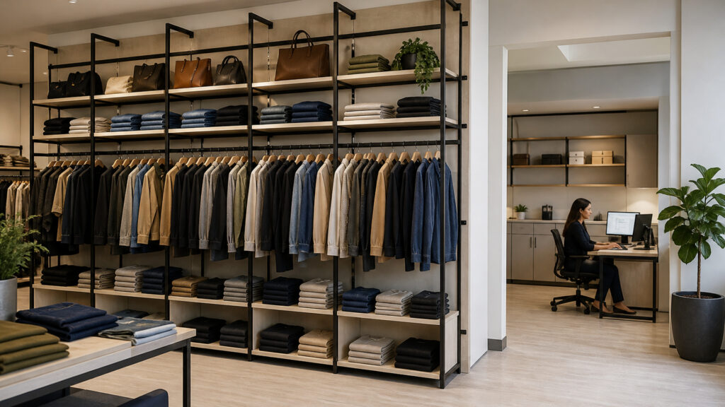 Editorial business scene illustrating retail wall systems and cloud accounting software