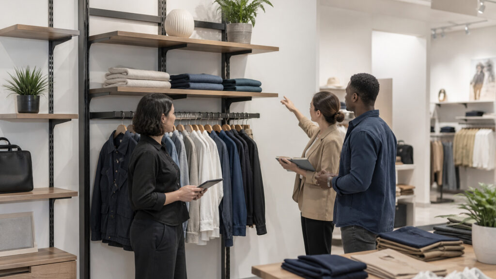 Editorial business scene illustrating retail wall systems and enterprise accounting software