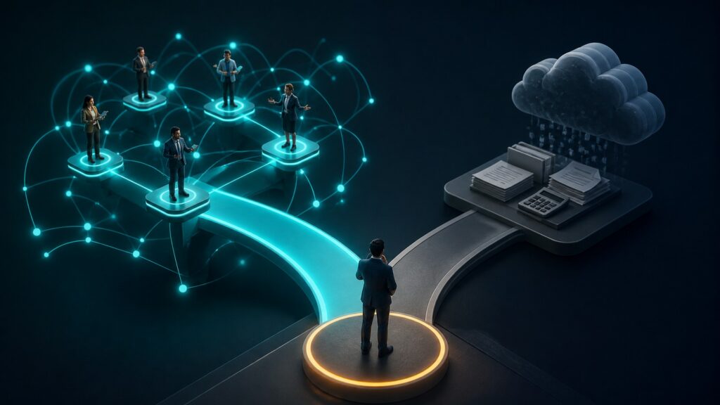 Editorial business scene illustrating sales engagement platforms and cloud accounting software