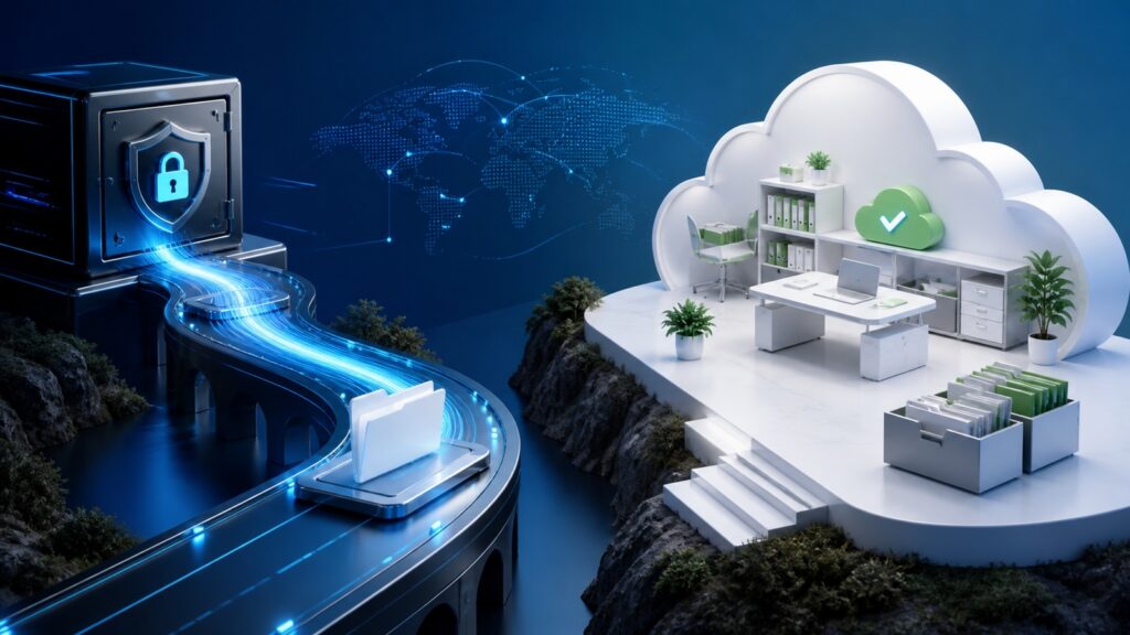 Editorial business scene illustrating secure file sharing platforms and cloud document management systems