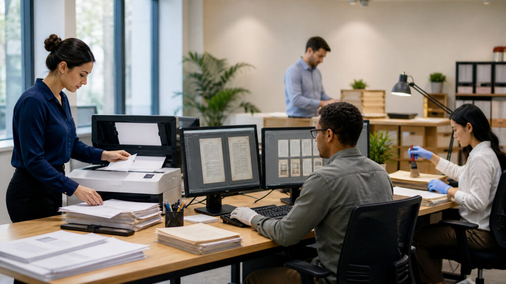 Editorial business scene illustrating secure file sharing platforms and enterprise document management software