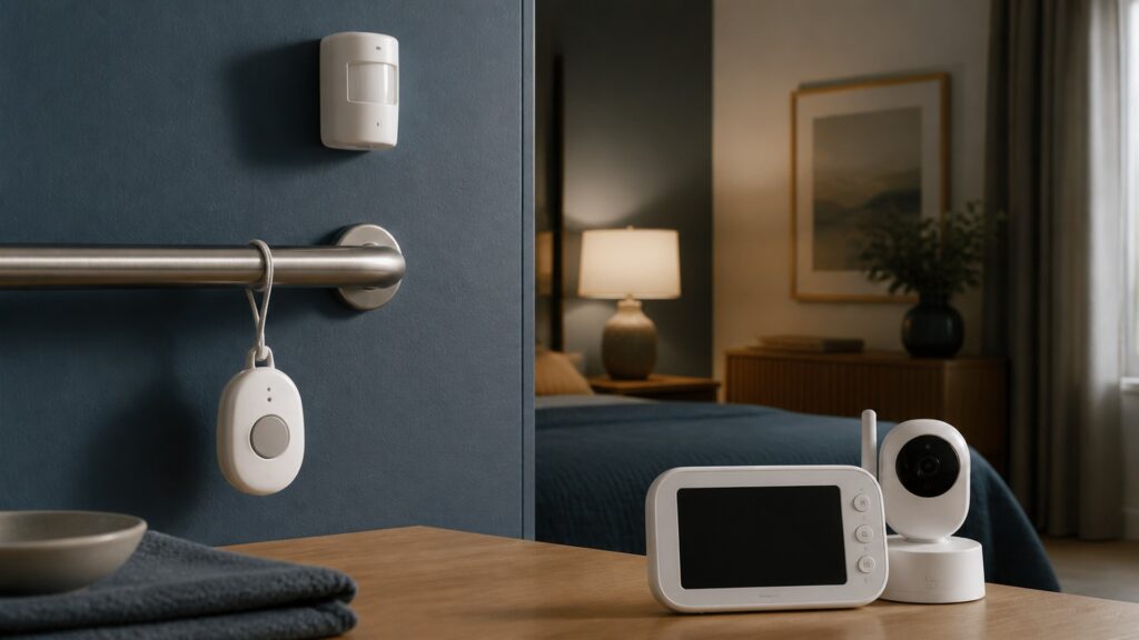 People-free editorial still life illustrating adult fall response contrasted with infant monitoring