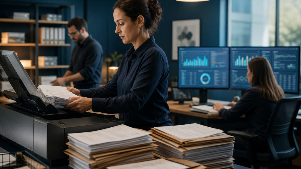 Editorial business scene illustrating sheetfed document scanners and enterprise accounting software