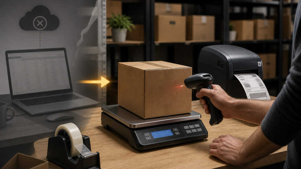 Editorial business scene illustrating shipping hardware and bookkeeping software