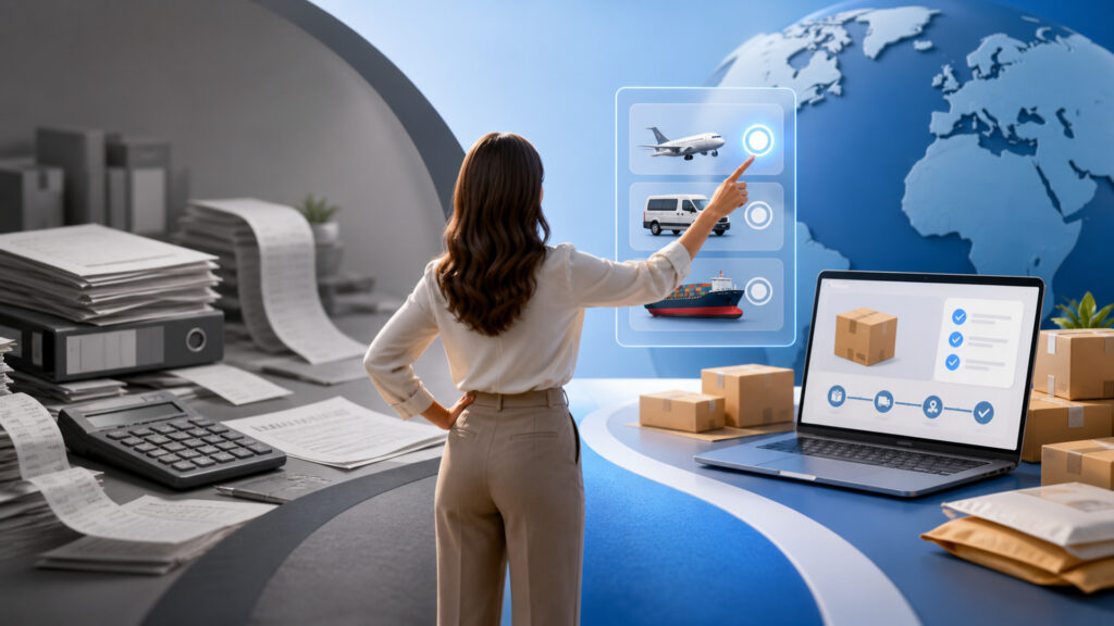 Editorial business scene illustrating shipping software and bookkeeping software