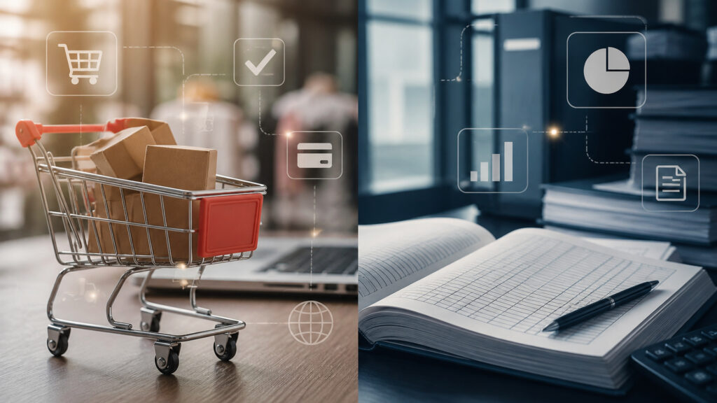 Editorial business scene illustrating shopping cart software and accounting software