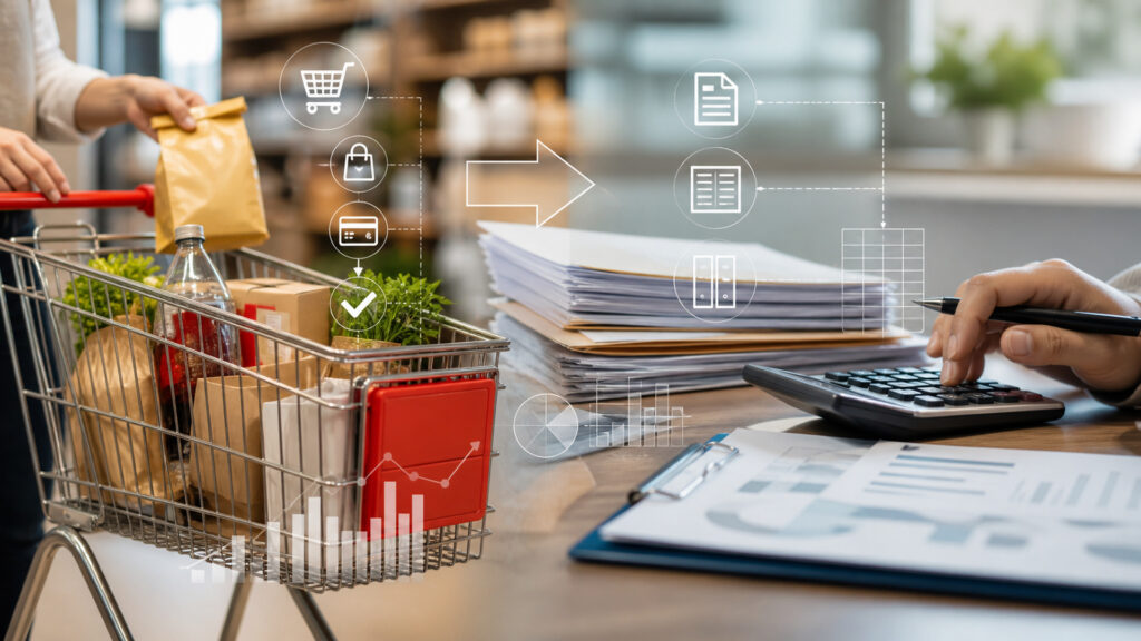 Editorial business scene illustrating shopping cart software and bookkeeping software