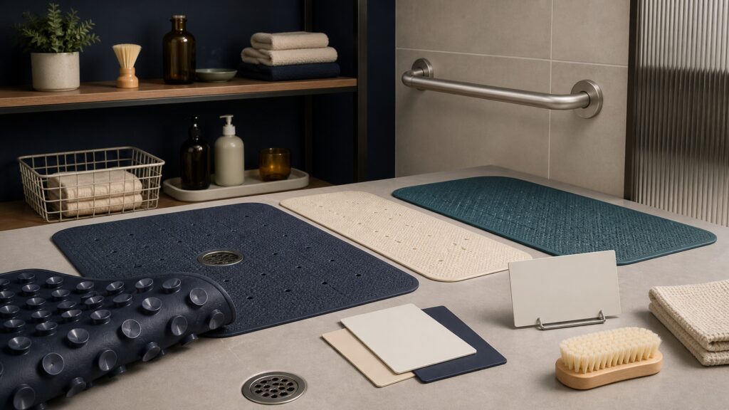 People-free editorial still life illustrating wet-surface traction contrasted with shortening the route to a stable toileting seat